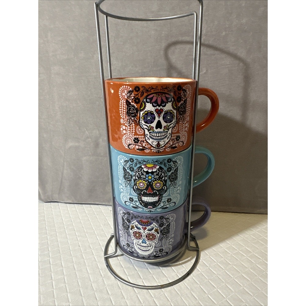 Prima Designs Day Of Dead Sugar Skulls Stacked Coffee Mugs Lot of 3‎ & Stand - Picture 2 of 6